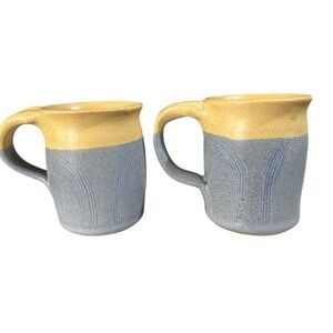 Vintage Pair Gordon Signed Studio Pottery Mugs Blue Gray Mustard Stoneware 1996